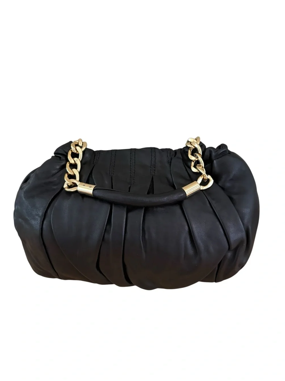 Michael Kors Erin Black Leather Shoulder Bag with Gold Chain and Charm